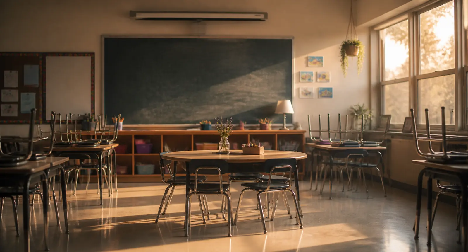 Un aula vacía con la luz de la tarde entrando por las ventanas.