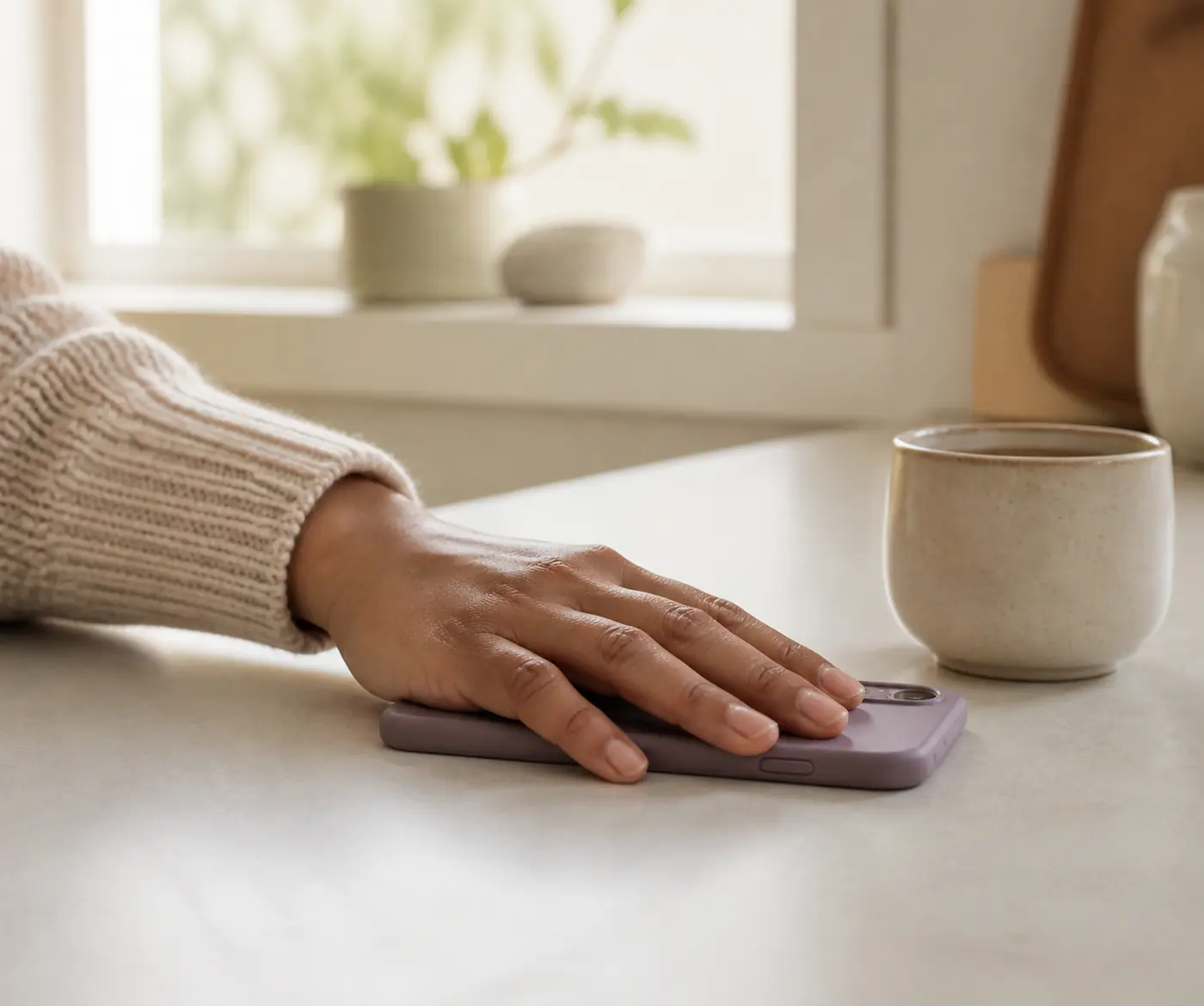 A hand resting on a phone on a pale table beside a mug of tea.