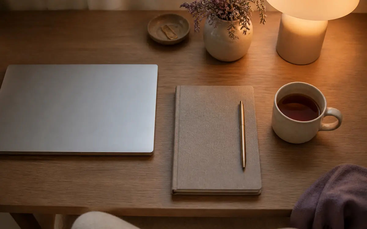 A closed laptop, a linen notebook and a cup of tea on a wooden desk under one warm lamp.