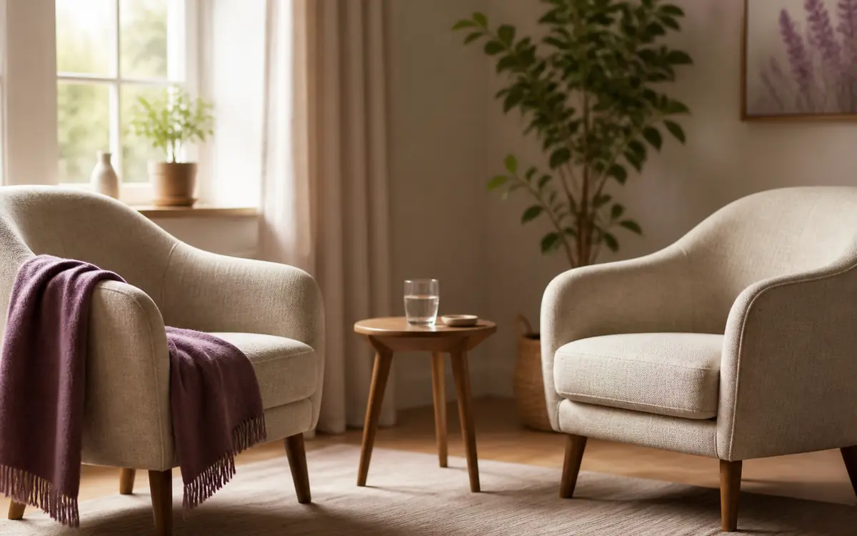 Two armchairs turned toward each other beside a window, a small table between them.