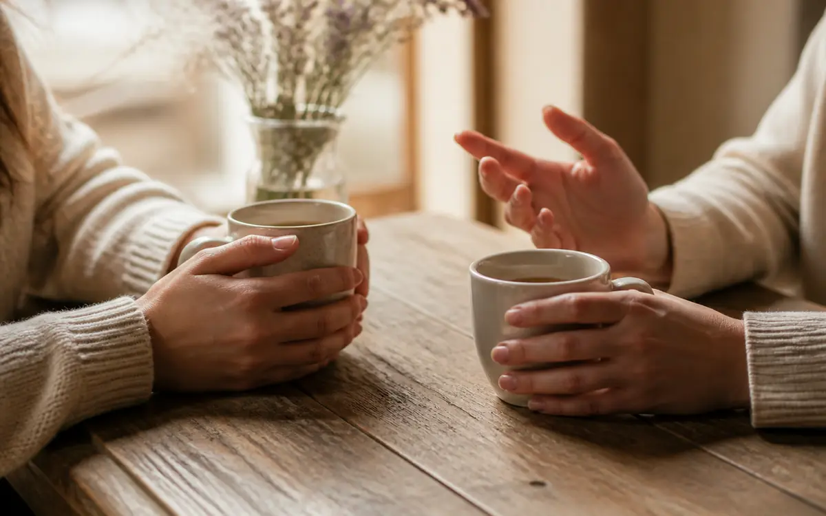 Two people sitting across a wooden table with mugs of tea, mid-conversation.