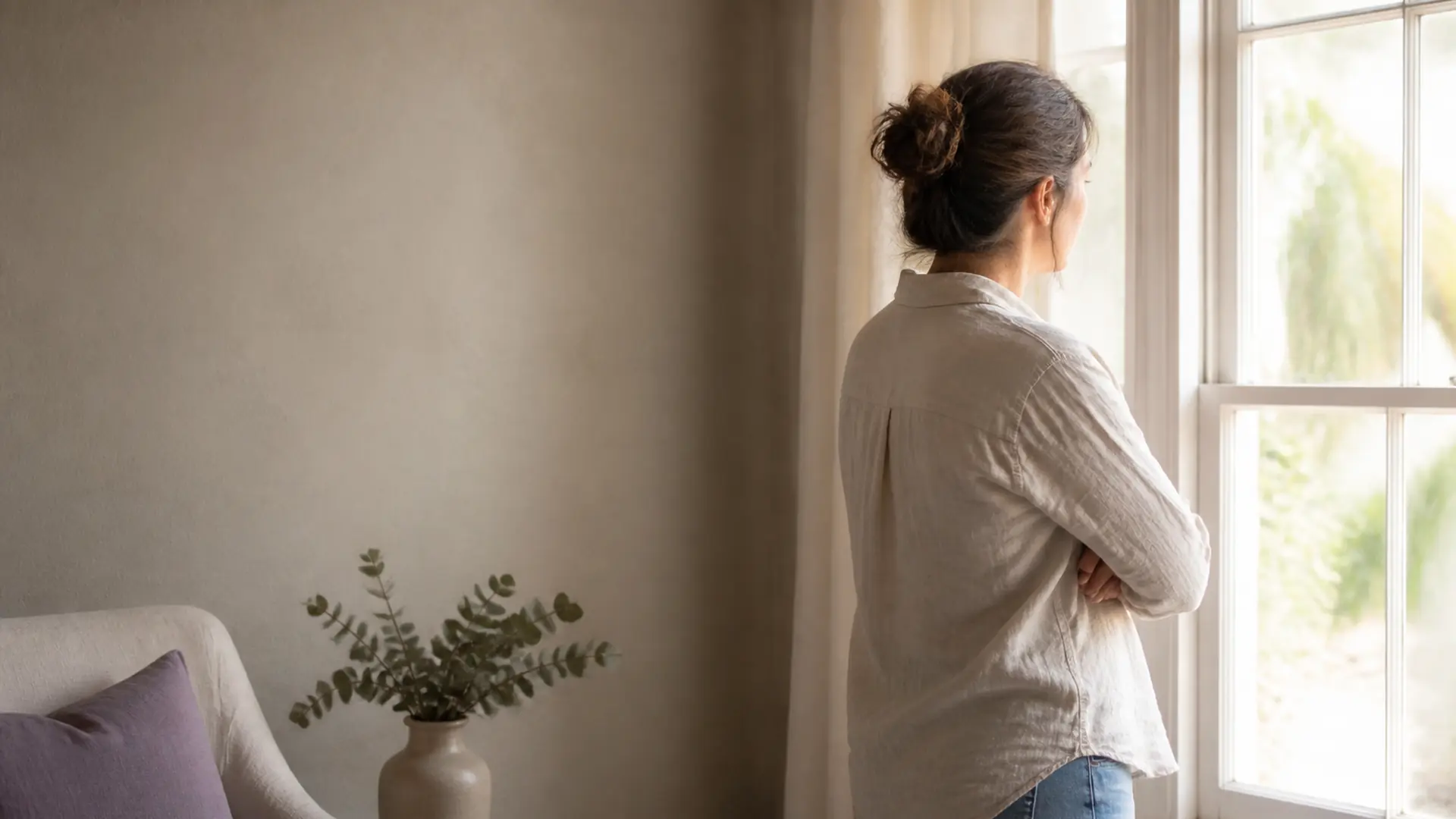 A woman standing at a window in warm, natural light, looking out.