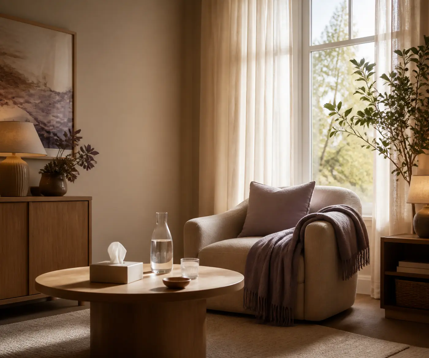 A quiet sitting room with an armchair, a folded throw, and long light through sheer curtains.