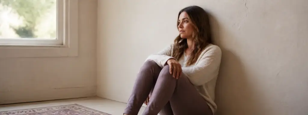A woman sitting on the floor against a wall with her knees drawn up, looking toward a window.