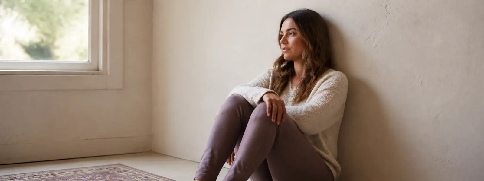 A woman sitting on the floor against a wall with her knees drawn up, looking toward a window.