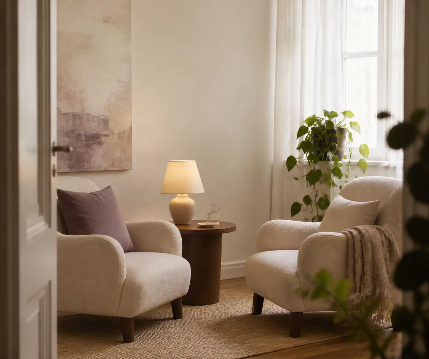 Two soft armchairs facing each other beside a lit lamp and a bright window.