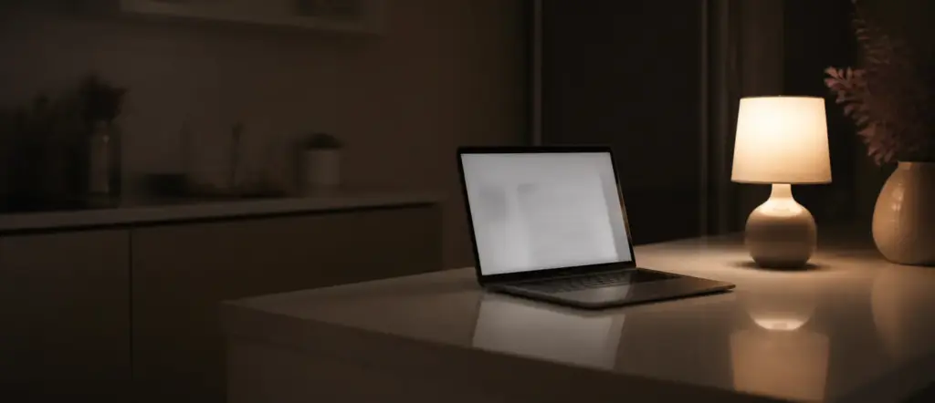 A laptop left open on a kitchen counter late at night, lit by a single small lamp.