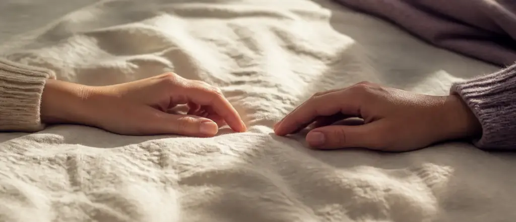 Two hands resting on rumpled bed linen, reaching toward each other without touching.
