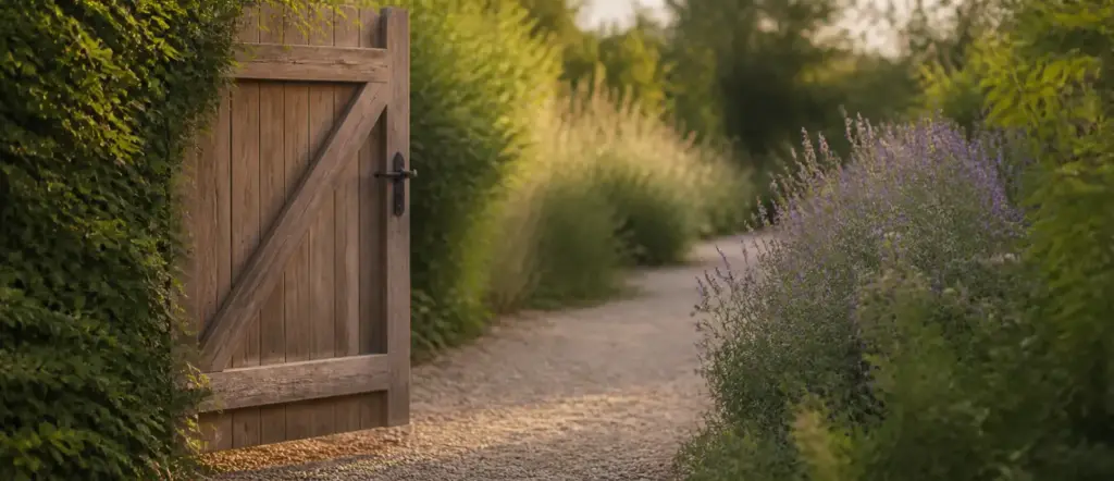 A wooden garden gate standing open onto a gravel path lined with flowering lavender.